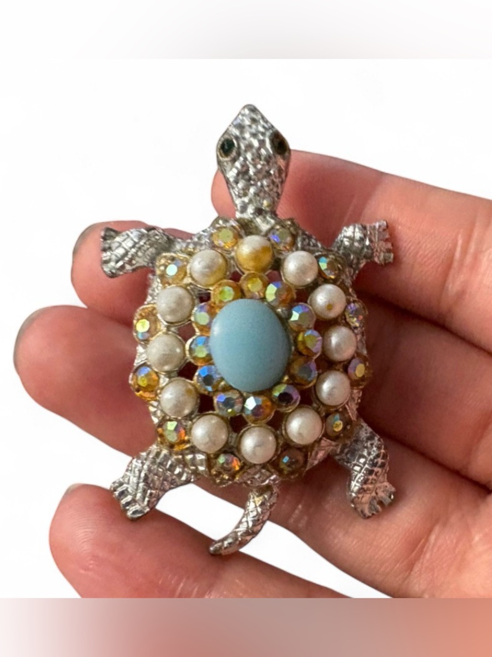 Vintage Turtle brooch with ab rhinestones and a boomerang clasp. Mcm Jewelry